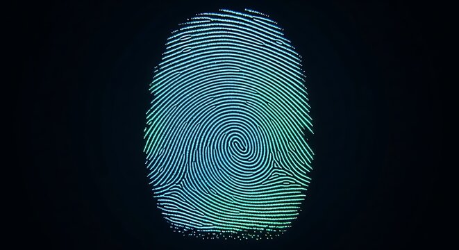 Abstract Blue and Green Fingerprint Scan on Dark Background.