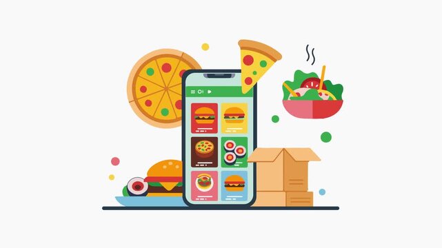 Online Food Delivery App Concept with Burger, Pizza, and Salad Animation