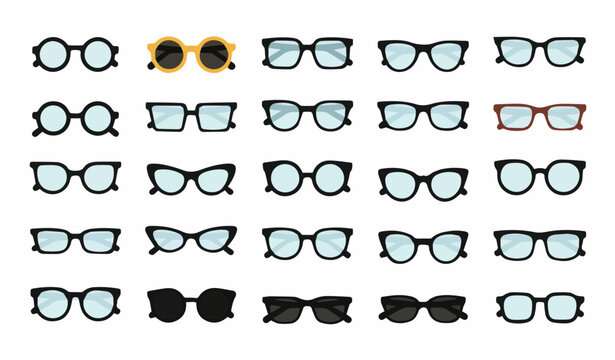 Eyeglasses and Sunglasses Styles Icons Set with Various Frames and Lenses
