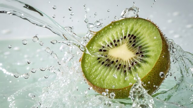 Close-up of a juicy kiwi slice splashing into clear water creating dynamic droplets