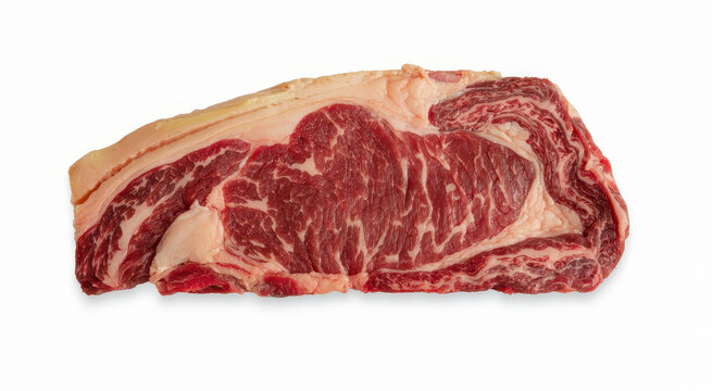 Raw fresh ribeye beef steak cut with visible marbling and fat layer isolated on white background