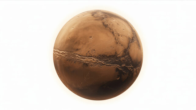 Realistic digital representation of the planet mars with reddish brown surface and crater textures