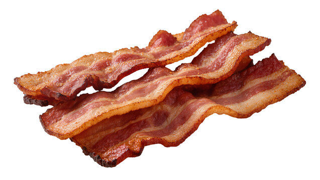 Isolated crispy fried bacon slices, perfectly cooked and stacked, delicious breakfast food