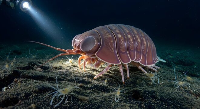 Giant Isopod Crawling Dark Basalt Rock Enormous Compound Eyes Segmented Armor Catching Faint Beam Remotely Operated Vehicle Purple Exoskeleton Scavenger Shrimp

