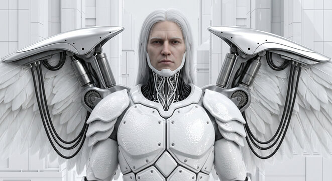 Futuristic cyborg angel with mechanical wings, white biomechanical armor, sci fi guardian portrait, artificial intelligence and transhuman concept