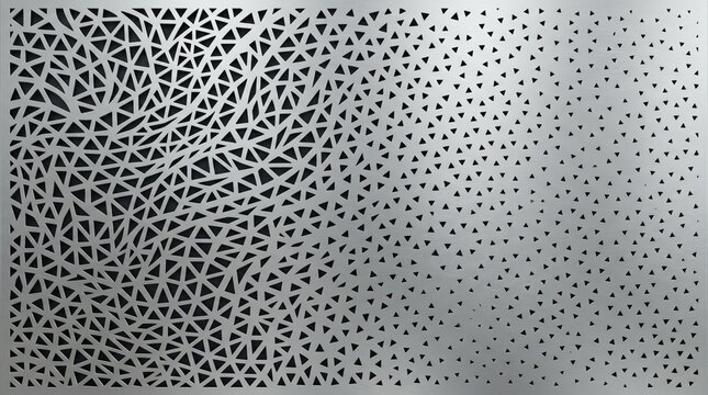 Perforated metal panel texture with geometric triangle pattern, modern architectural screen, silver industrial background design
