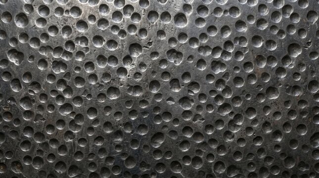 Dark hammered metal texture with circular dents, rough industrial steel surface and seamless grunge background