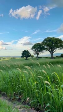 Open grassland trees and blue sky and white clouds landscape