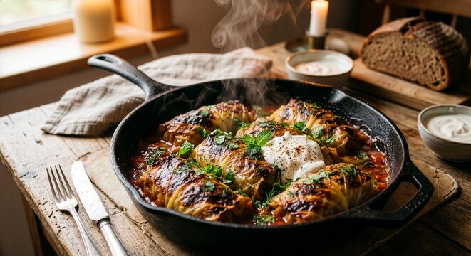 Cabbage rolls with lamb and mint. Oven-baked cabbage rolls with a charred crust, served in a cast-iron dish. Rustic backdrop, warm lighting, steam rising from the dish.
