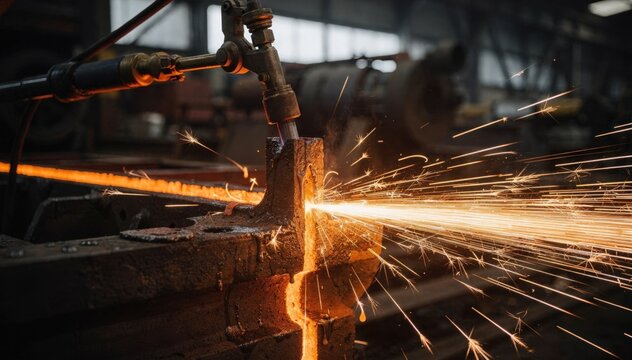 Medium shot capturing sparks and heat as oxyfuel torch precisely severs casting from sprue concentrated focus on cutting point surroundings blurred.