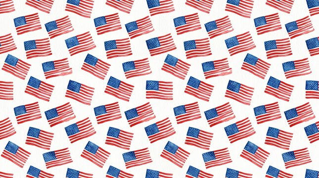 Watercolor American flag seamless pattern with red white blue patriotic USA flags on clean white background