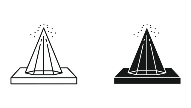 Black and white line art illustrations of two pyramid shaped objects with particles on top on a white background