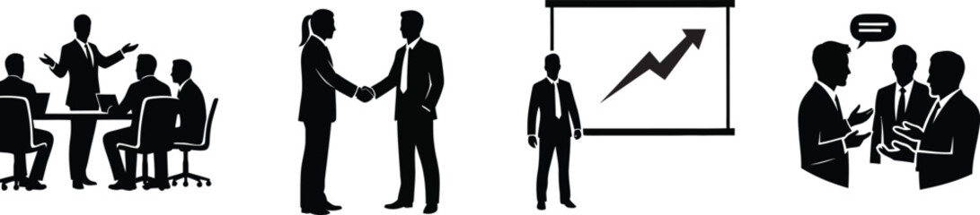 Fototapeta premium Business people meeting handshake presentation and discussion group for professional corporate success black silhouette