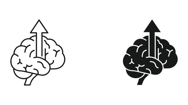 Brain with arrow pointing up symbolizing growth and intelligence on white background