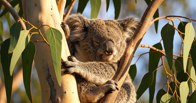 A wild koala resting peacefully on an eucalyptus tree branch in Australia