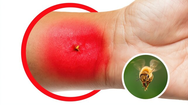 Insect Sting Reaction Bee or wasp bite causing red swelling on wrist and painful skin injury close-up image