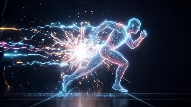 This video showcases a futuristic runner formed of wireframe or light energy, in motion against a dark background.