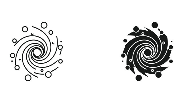 Black and white swirling vortex designs with circular patterns and dots on isolated white background