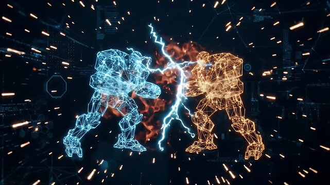 A visual representation of a futuristic collision effect, showcasing wireframe structures colliding in a burst of energy and sparks. The event occurs against a dark background.