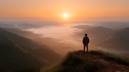 Obraz premium A solitary figure stands on a high ridge overlooking a misty valley bathed in the warm glow of sunrise or sunset