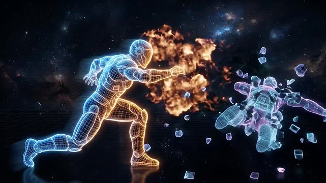 This video shows a futuristic collision effect with energy sparks on a dark background. Two wireframe figures collide, with one shattering into pieces.
