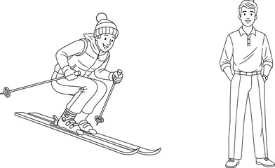 Obraz premium Black and white cartoon skier in motion and standing person, dynamic line drawing for kids coloring and winter sports fun