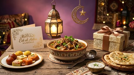 Naklejka premium Eid al-Adha Feast: Delicious Stew, Sweets, Naan Bread, and Festive Lanterns