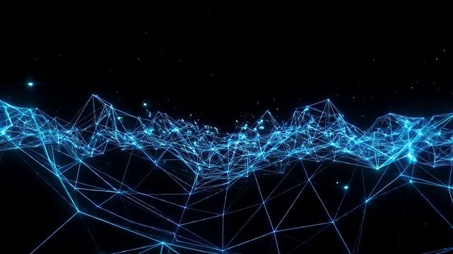 This video shows a glowing blue wireframe abstract structure on a black background, with some stars. The wireframe creates a sense of depth and complexity.
