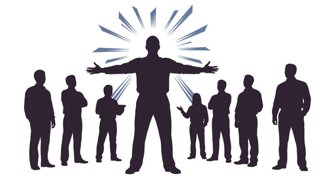 A group of people stand in a line with one person outstretched towards a burst.