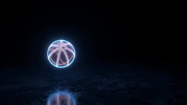 A glowing neon basketball bounces above concentric rings of light on a dark surface with ripple effect. The wireframe ball leaves faint blue trails as it rebounds above the glowing rings.