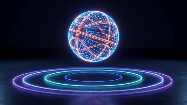 This video features a neon basketball represented in a wireframe design with light ripple effects. The basketball is glowing with blue and red colors and sits on a platform of concentric neon circles