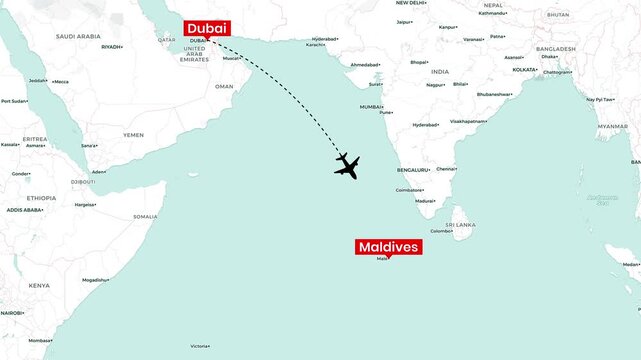 Animated airplane flight path video from Dubai to the Maldives