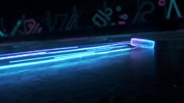 A vibrant, neon wireframe puck rests on an icy surface, illuminated by streaks of blue light. The dark background features abstract, glowing designs.