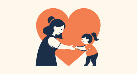 Fototapeta premium A mother and daughter holding hands in front of a large orange heart, symbolizing love and family connection.