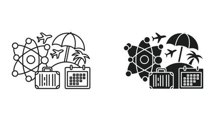 Black and white line icons of travel and vacation with airplane, suitcase, umbrella and palm tree on white background © SHAHRIYAR RASEL