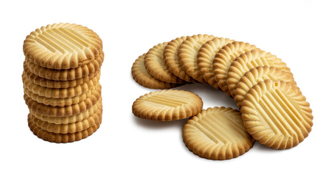 Stack of round shortbread cookies with striped patterns on a clean white background, isolated view