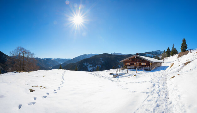 Alpine hut halfway up to the Seeberg summit. winter landscape in the Mangfall Mountains.
