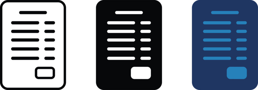 Invoice document vector icon variants in black and blue rounded flat style, editable billing and accounting symbol collection for finance apps and business management dashboards