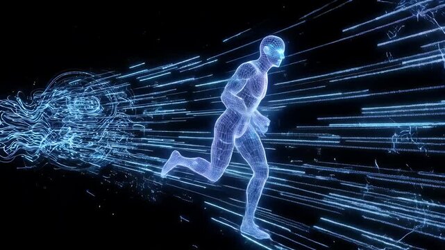 A blue wireframe of a human figure running is shown against a black background. Glowing digital stripes flow across the screen, suggesting movement and data transfer.