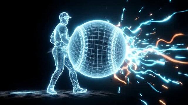 A digital wireframe illustration depicts a baseball pitcher throwing a fastball. Light trails emanate from the ball as it is thrown, creating a dynamic effect against the black background.