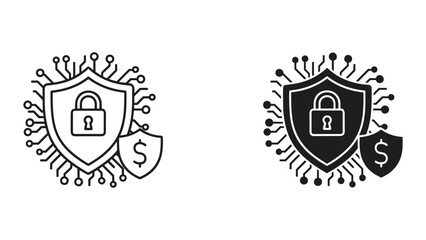 Black and white line icons of shield and lock with circuit board elements for cybersecurity and finance concepts © SHAHRIYAR RASEL
