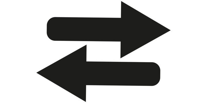 Minimalist black horizontal arrows pointing in opposite directions on a white background. Bold vector icon perfect for representing data exchange, transfer, or navigation flow