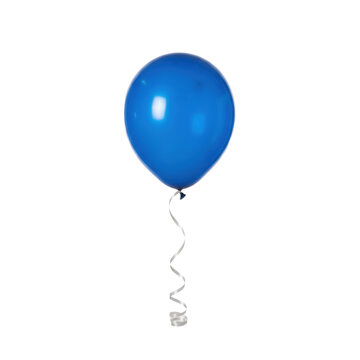 Single glossy cerulean blue latex balloon with a white curling ribbon, floating in a minimalist white studio, joyful and festive atmosphere