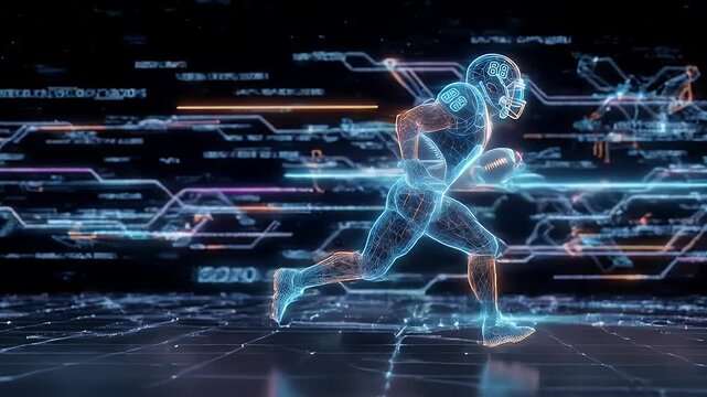 A digital wireframe video displays an American football player running with a ball, glowing with neon lines against a dark, abstract, data-filled backdrop.