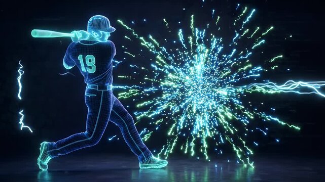 A futuristic wireframe baseball player is shown hitting a ball with a bat, creating a dynamic slow motion effect.