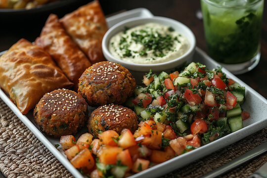 A rustic Mediterranean platter featuring golden falafel balls, crispy samosas, creamy hummus, fresh tabbouleh salad and a refreshing mint cocktail drink.