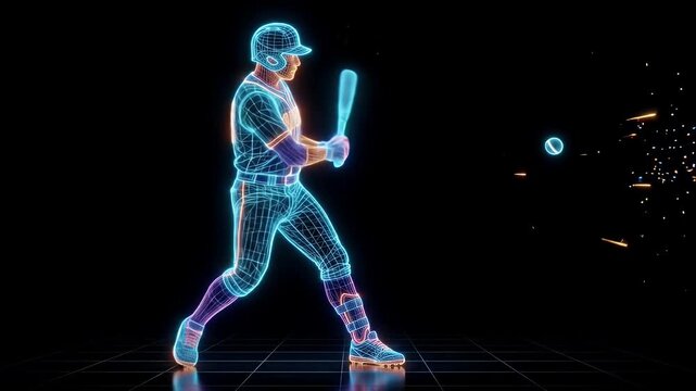 An animated, wireframe baseball player swings a bat and makes contact with a ball, resulting in a burst of light and sparks against a black background.
