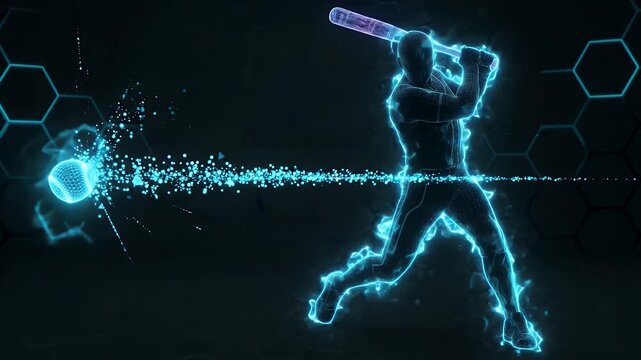Digital artwork showing a baseball player hitting a ball with a bat, video in a futuristic wireframe style with slow-motion particle effects.