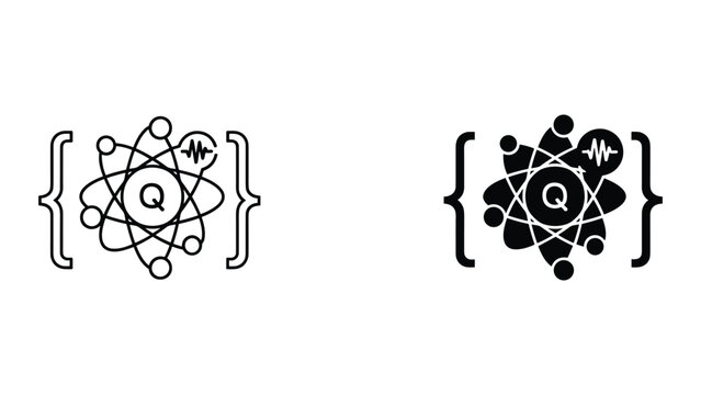 Quantum atom symbols with curly brackets and letter q in the center representing coding and physics concepts on white background
