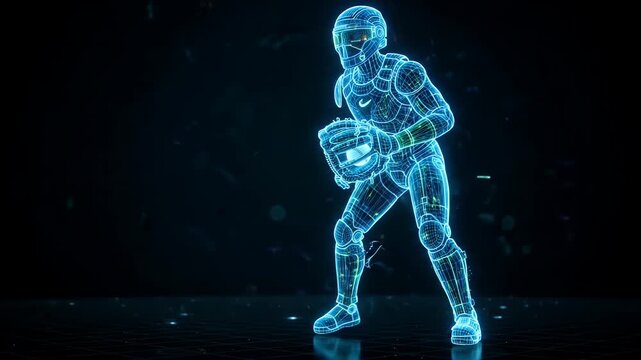 A futuristic wireframe video of a catcher with a ball is featured. The figure is illuminated in blue lines against a dark background with energy sparks.